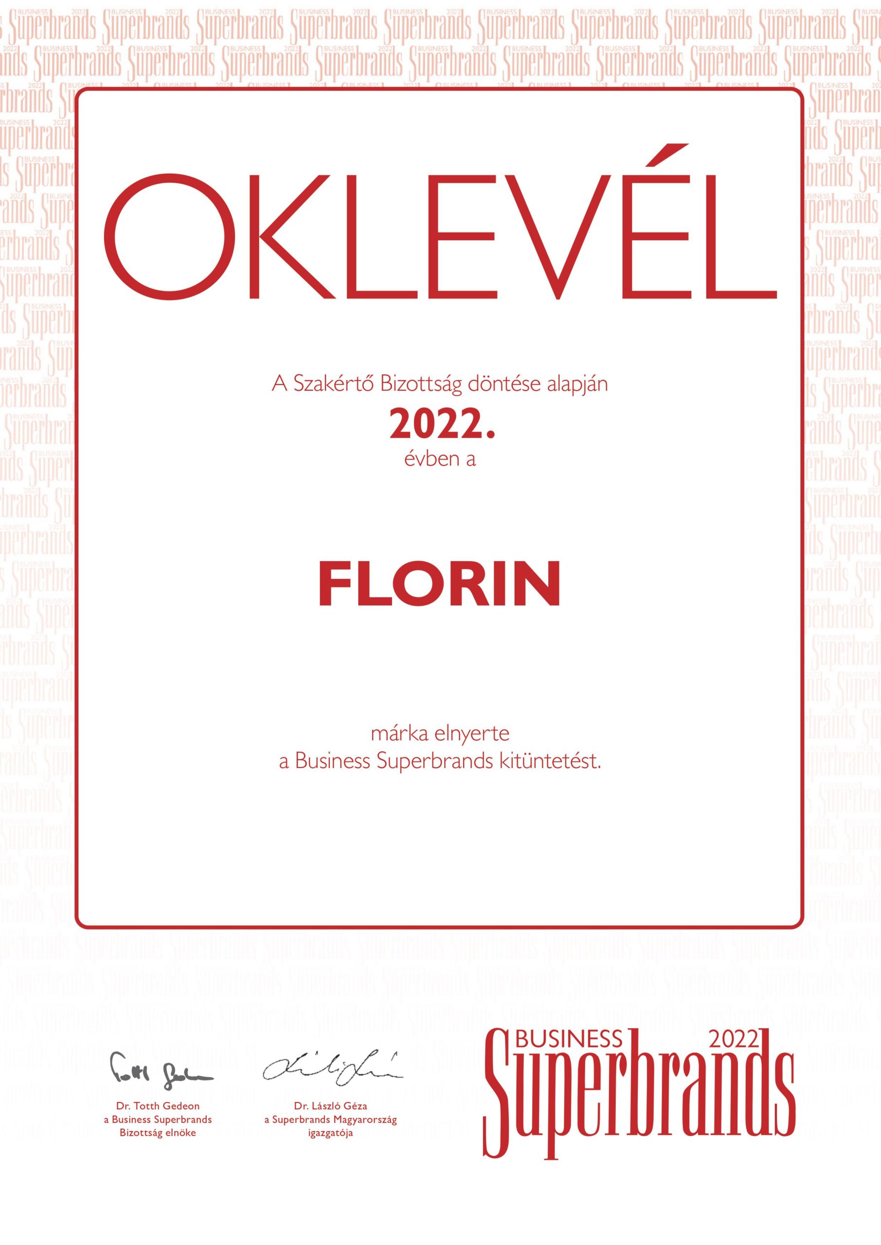 Business Superbrands díjat nyert a Florin Zrt.